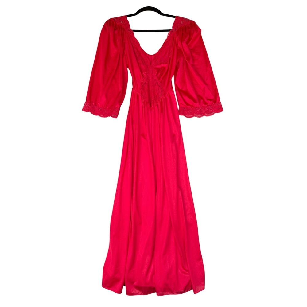 Olga RED Satin Long Nightgown with Lace Trim